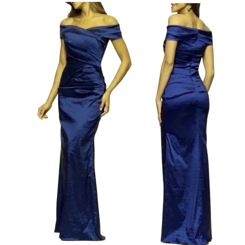 XSCAPE Taffeta Indigo Blue Off Shoulder Ruched Evening‎ Gown Dress Sz 14 Formal